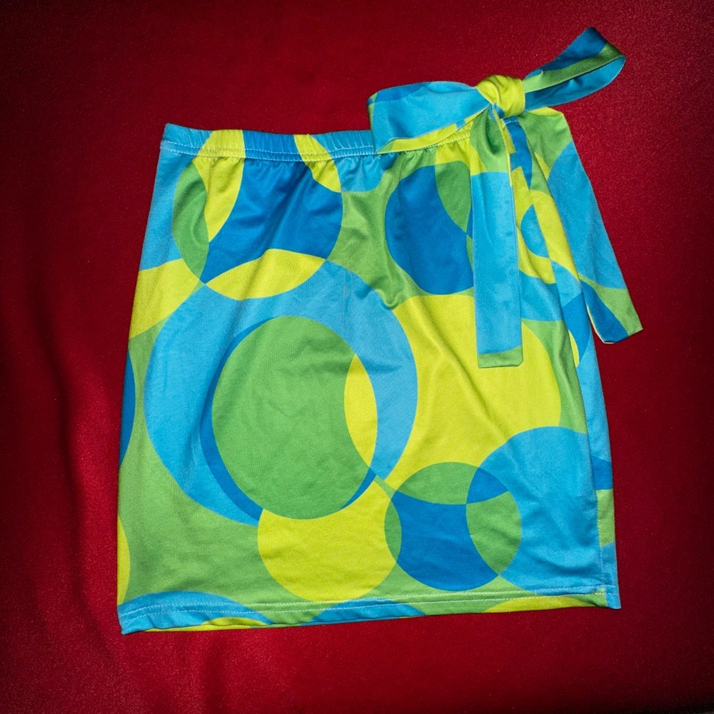 Miami Mod Retro Mini Skirt Bright Blue & Lime Green Circle Print with Tied Bow